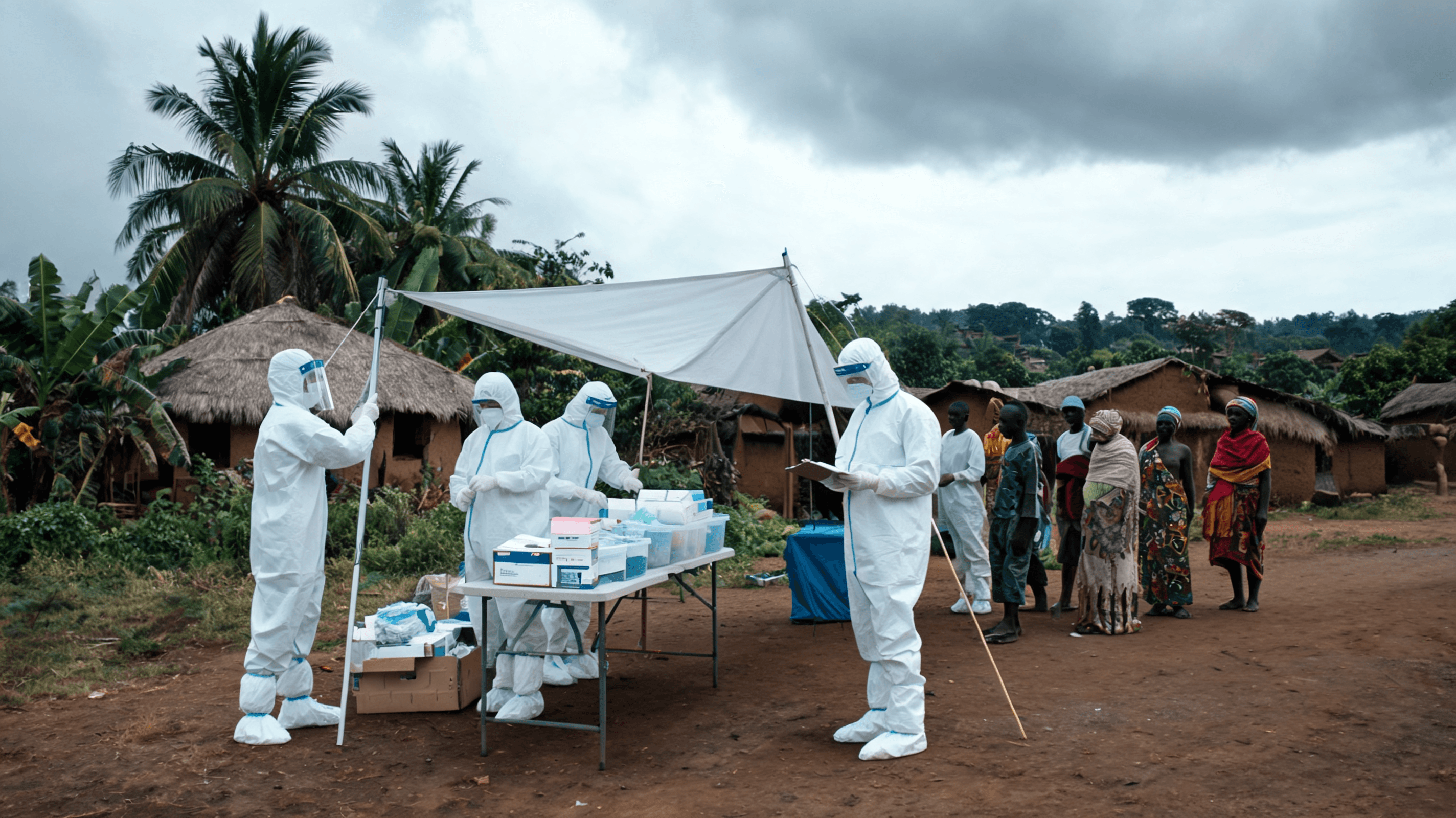 A field team of health workers in protective gear setting up a clinical triage center in a remote Co