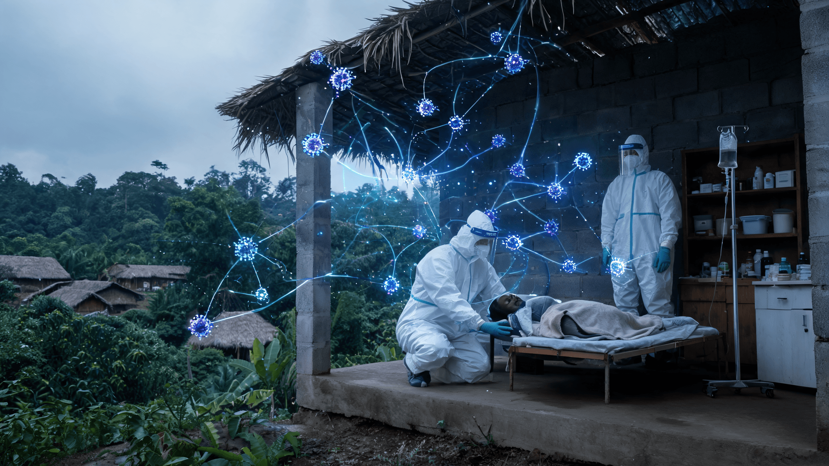 A clinical and somber scene of a remote health facility in the Congo, medical staff in protective ge