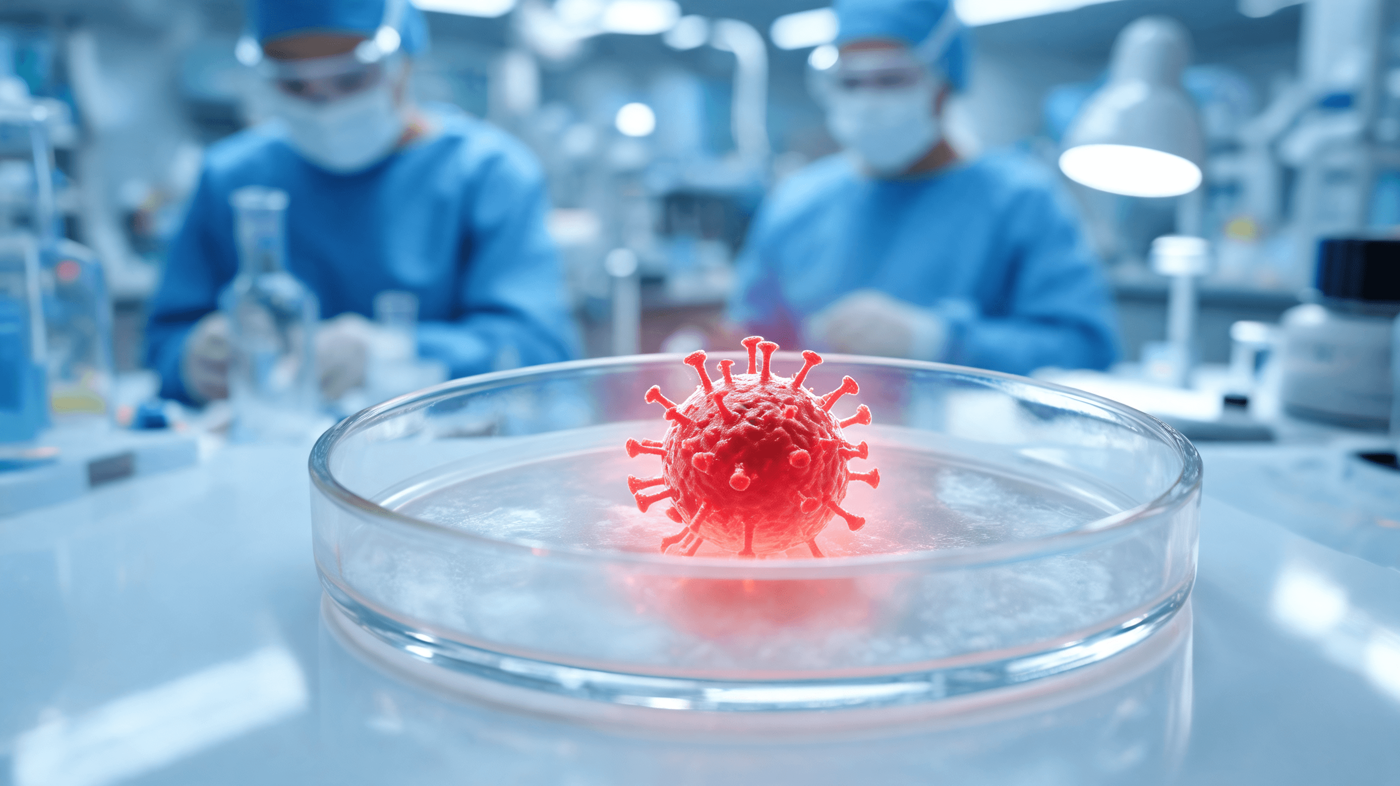 A macro shot of a scientific petri dish in a lab environment, containing an abstract, glowing red vi