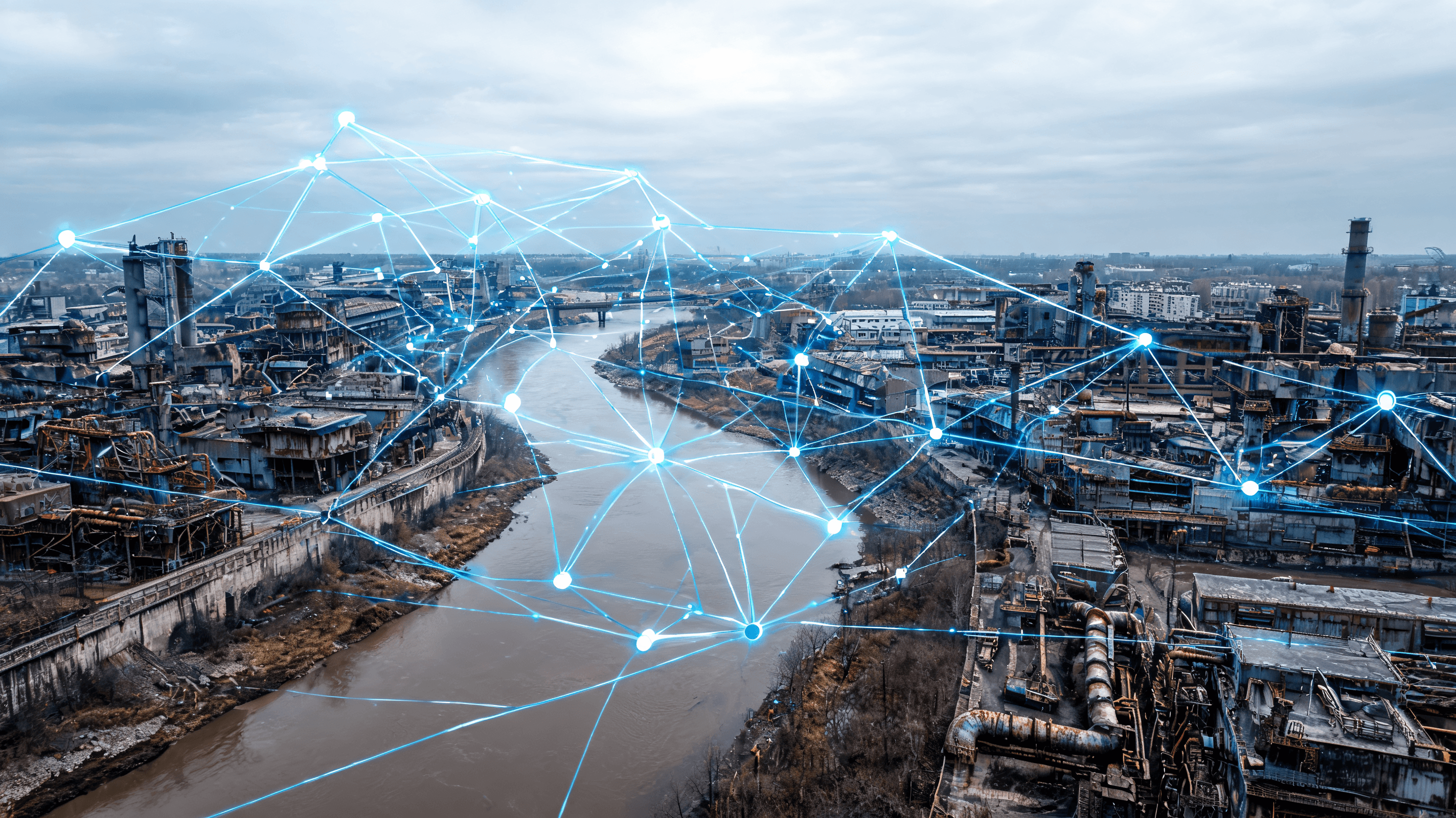 An aerial view of a rugged, industrial river landscape contrasted with a modern, glowing digital net