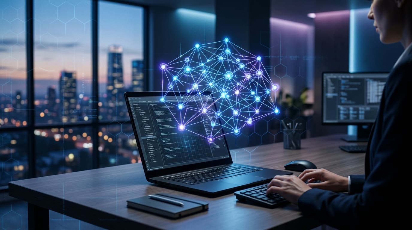 A modern, sleek workstation with a glowing neural network diagram hovering above a laptop screen, su