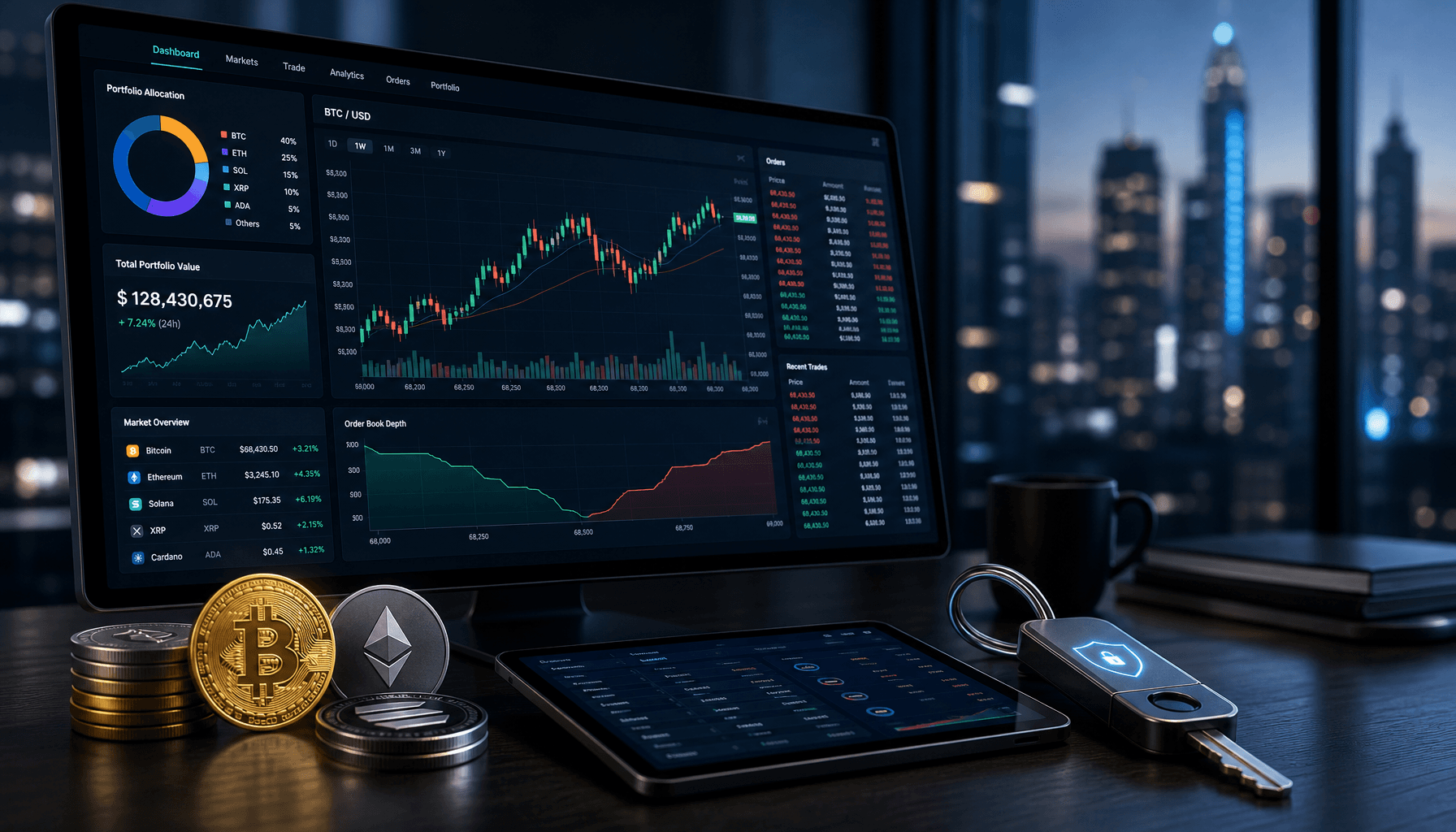 A modern financial dashboard interface showing glowing digital assets and cryptographic keys, repres