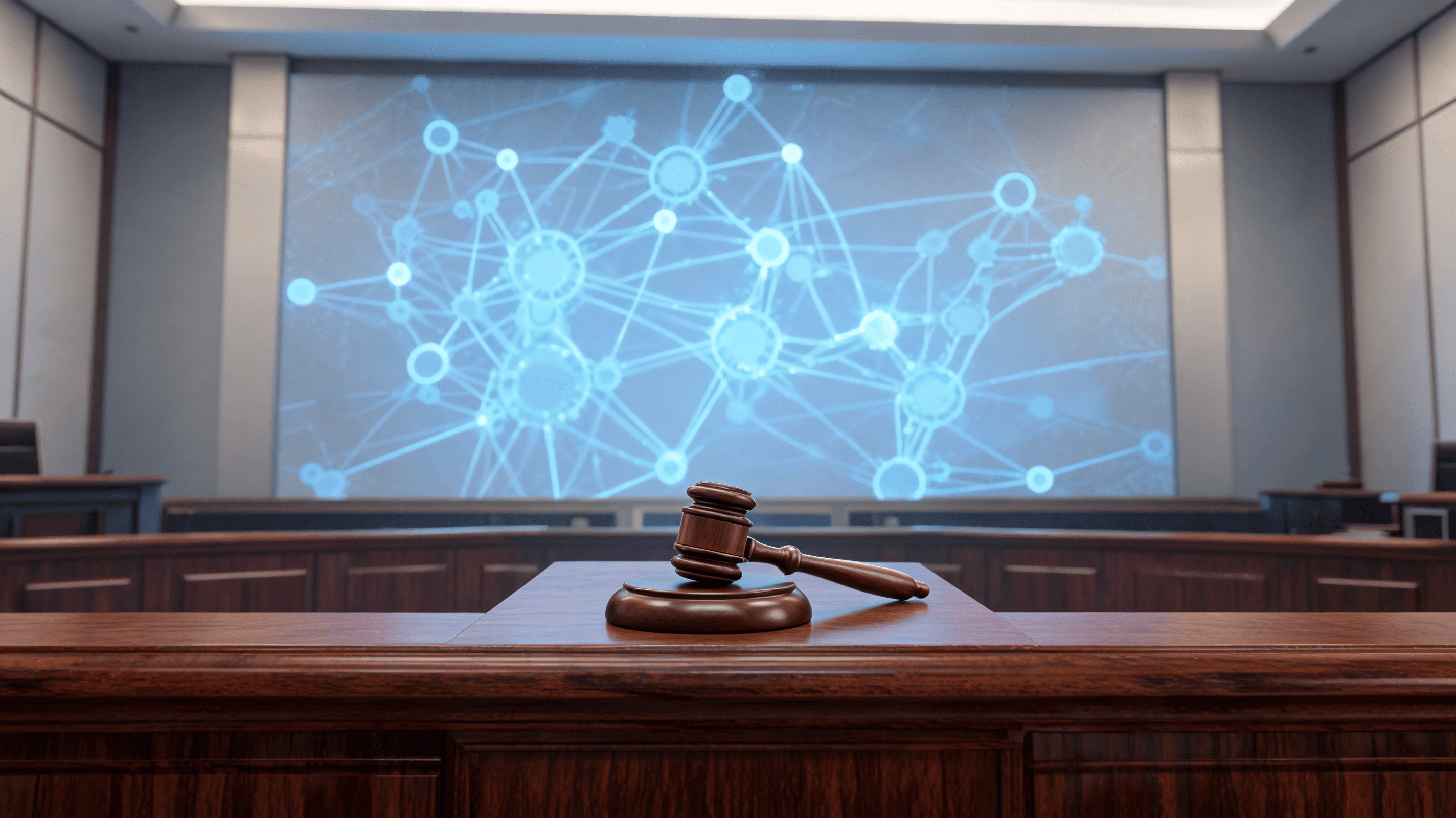 A courtroom scene featuring a gavel on a polished wooden bench, with digital abstract neural network
