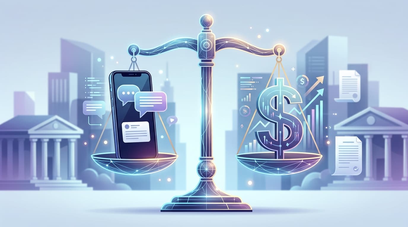 An abstract illustration of a courtroom scale with a smartphone on one side and a dollar sign on the