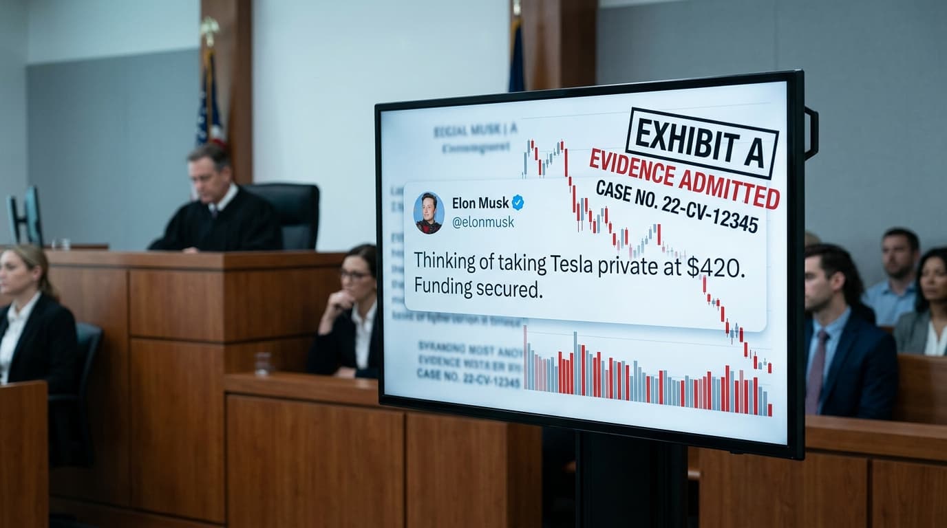 A courtroom scene, focus on a digital screen displaying a tweet from Elon Musk overlaid with legal d