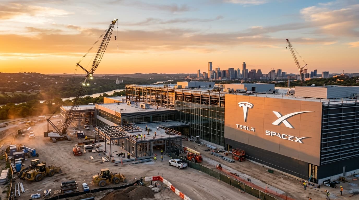 A modern, high-tech semiconductor fabrication facility under construction in Austin, Texas, with Tes