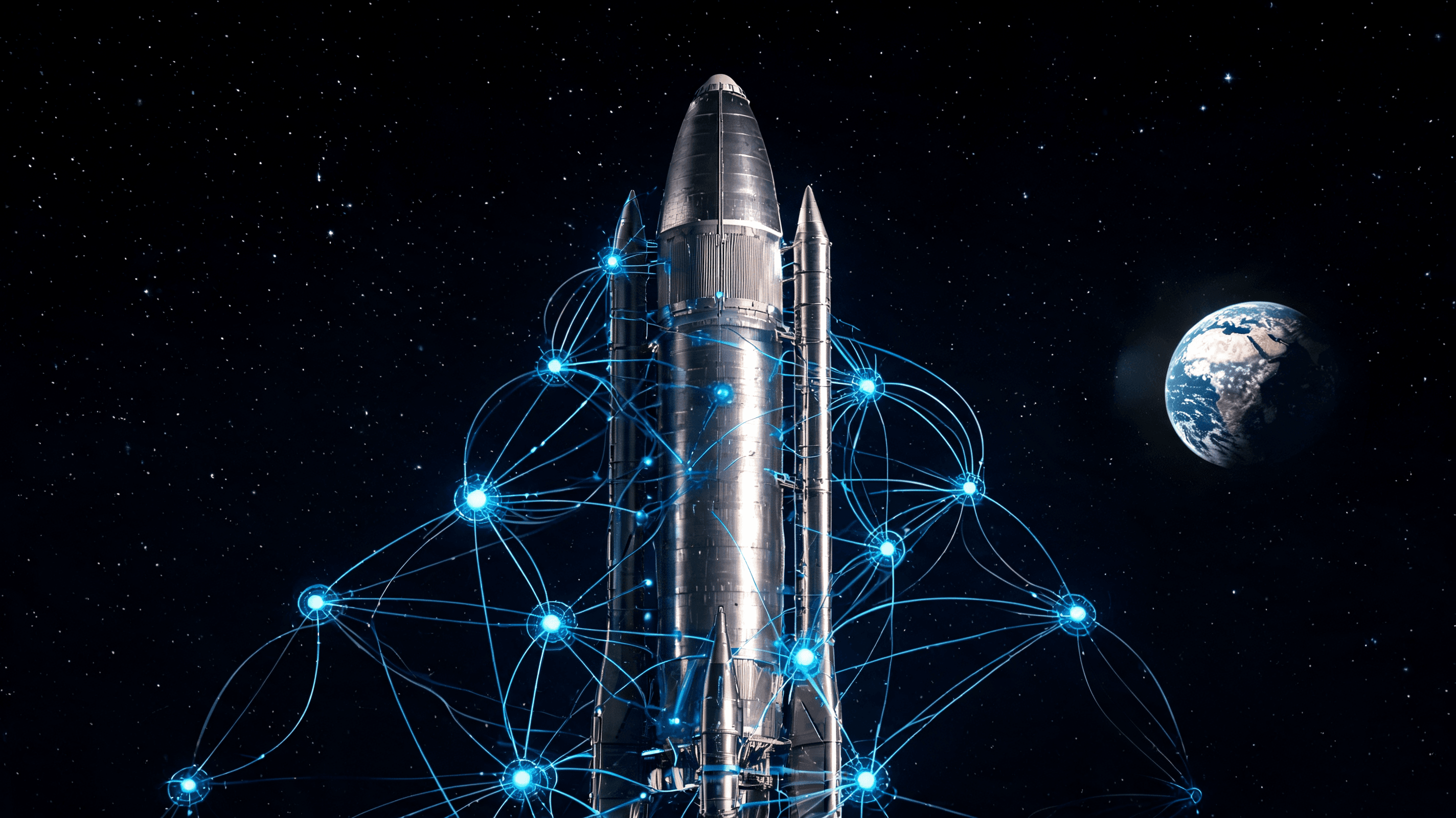 A futuristic conceptual image of a SpaceX Starship rocket integrated with glowing digital AI nodes a