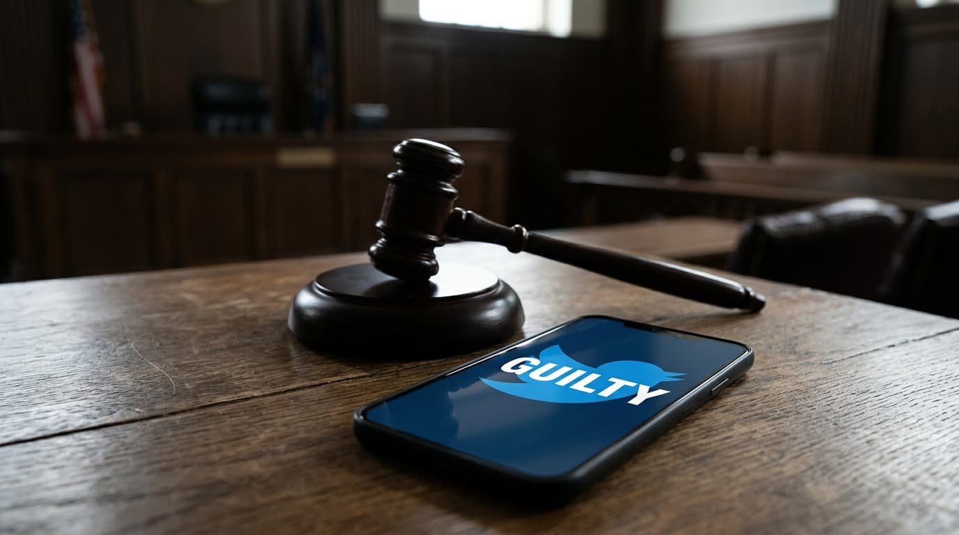 A close-up of a gavel on a courtroom desk, with a smartphone in the foreground displaying a blue bir