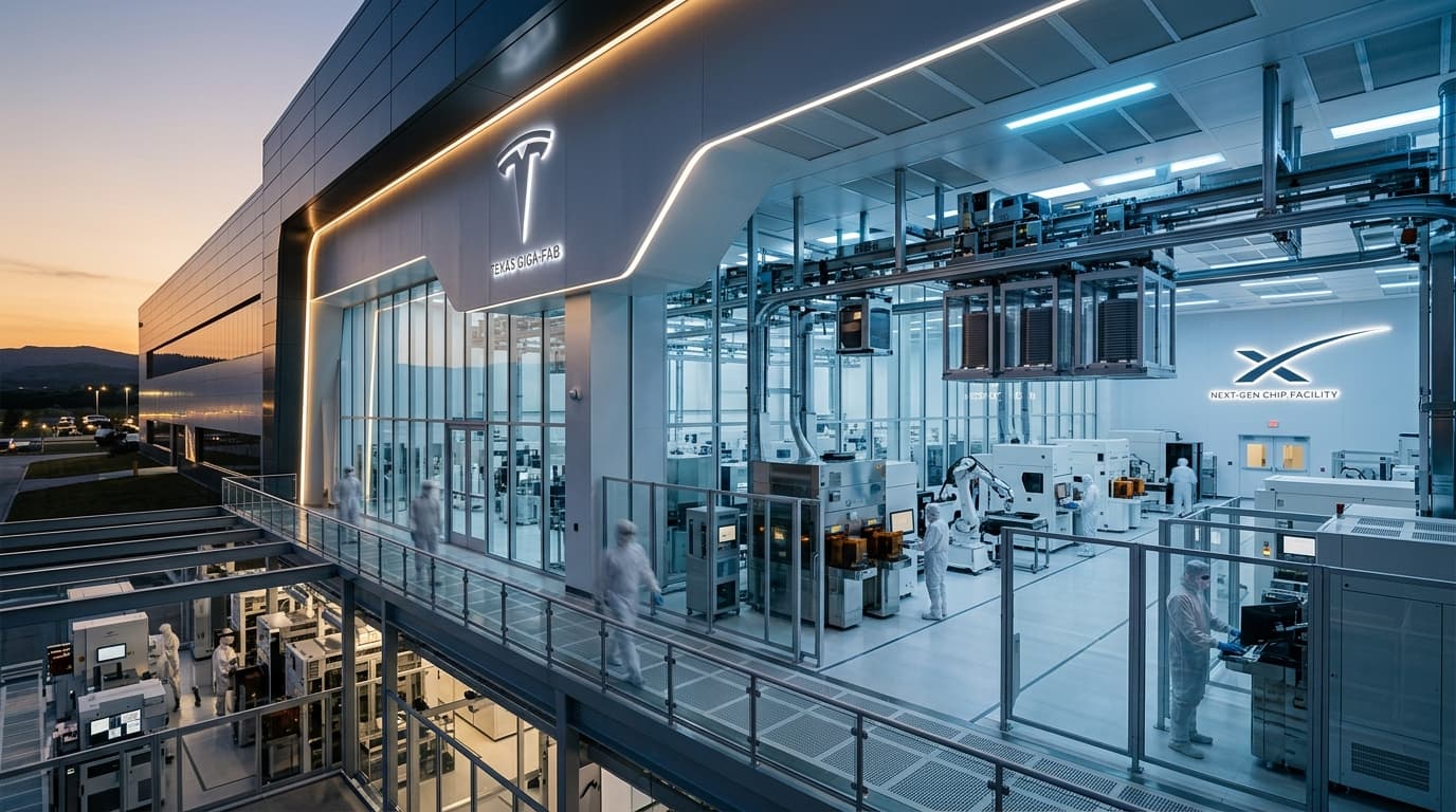 A futuristic semiconductor manufacturing facility in Texas, sleek industrial design with Tesla and S