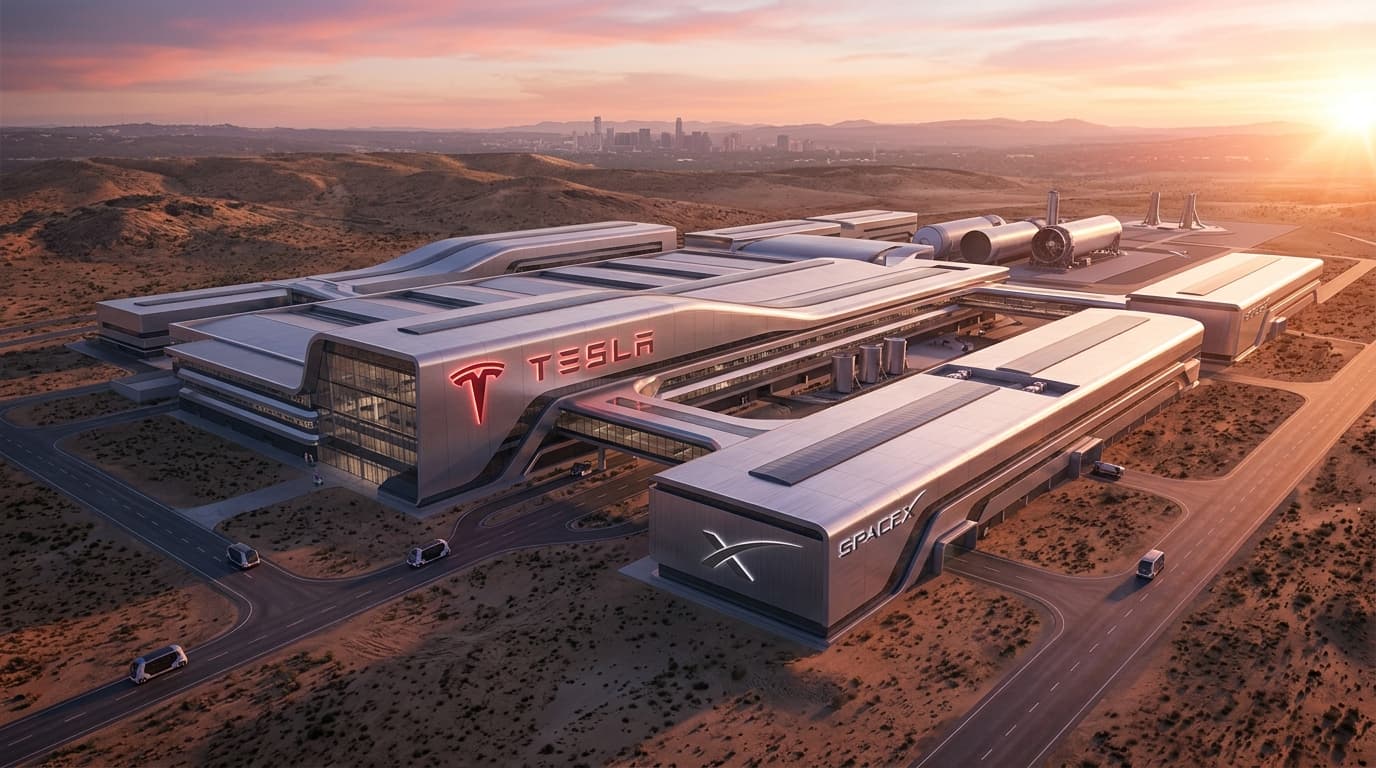 A futuristic architectural render of a sprawling manufacturing facility in the Austin, Texas desert,