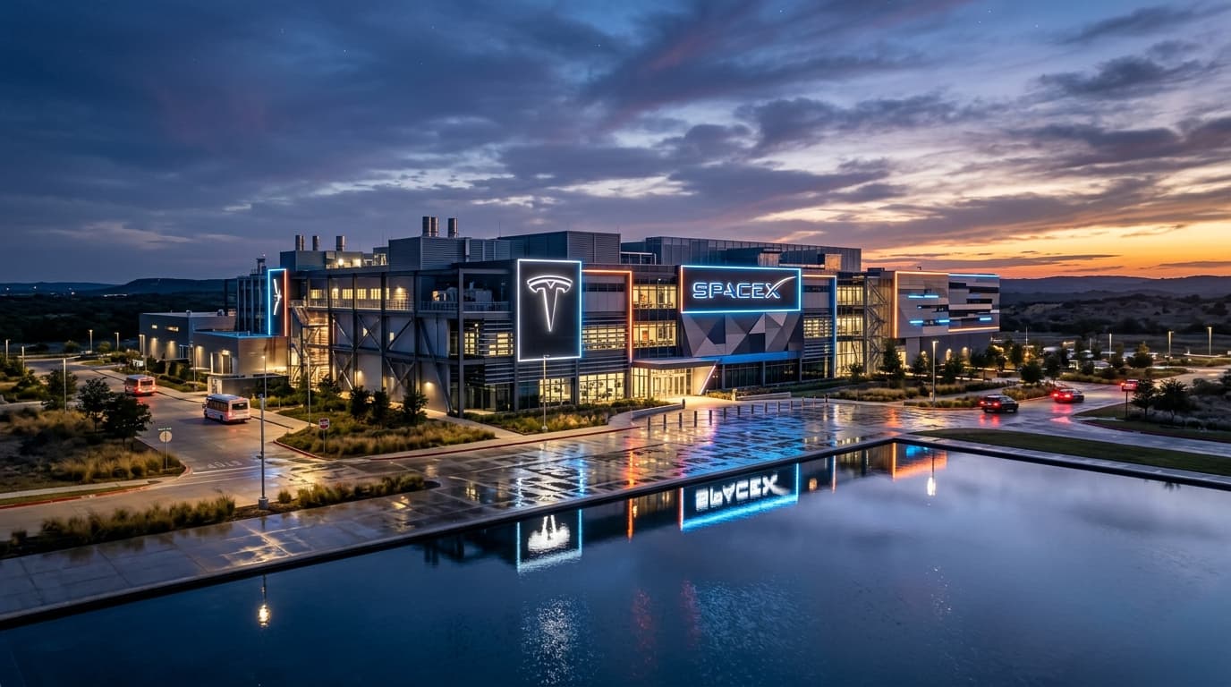 A modern, high-tech semiconductor manufacturing facility at dusk in Texas, with stylized logos of Te