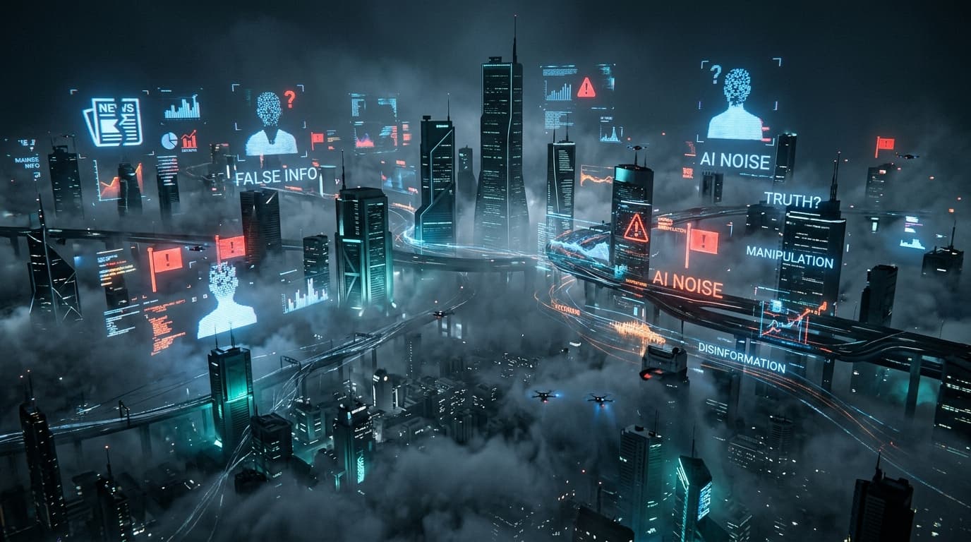 A futuristic digital city landscape shrouded in dense, swirling fog, with holographic disinformation