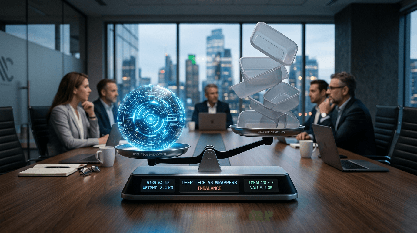 A digital balance scale with a heavy, glowing 'Deep Tech' core on one side and multiple light, empty