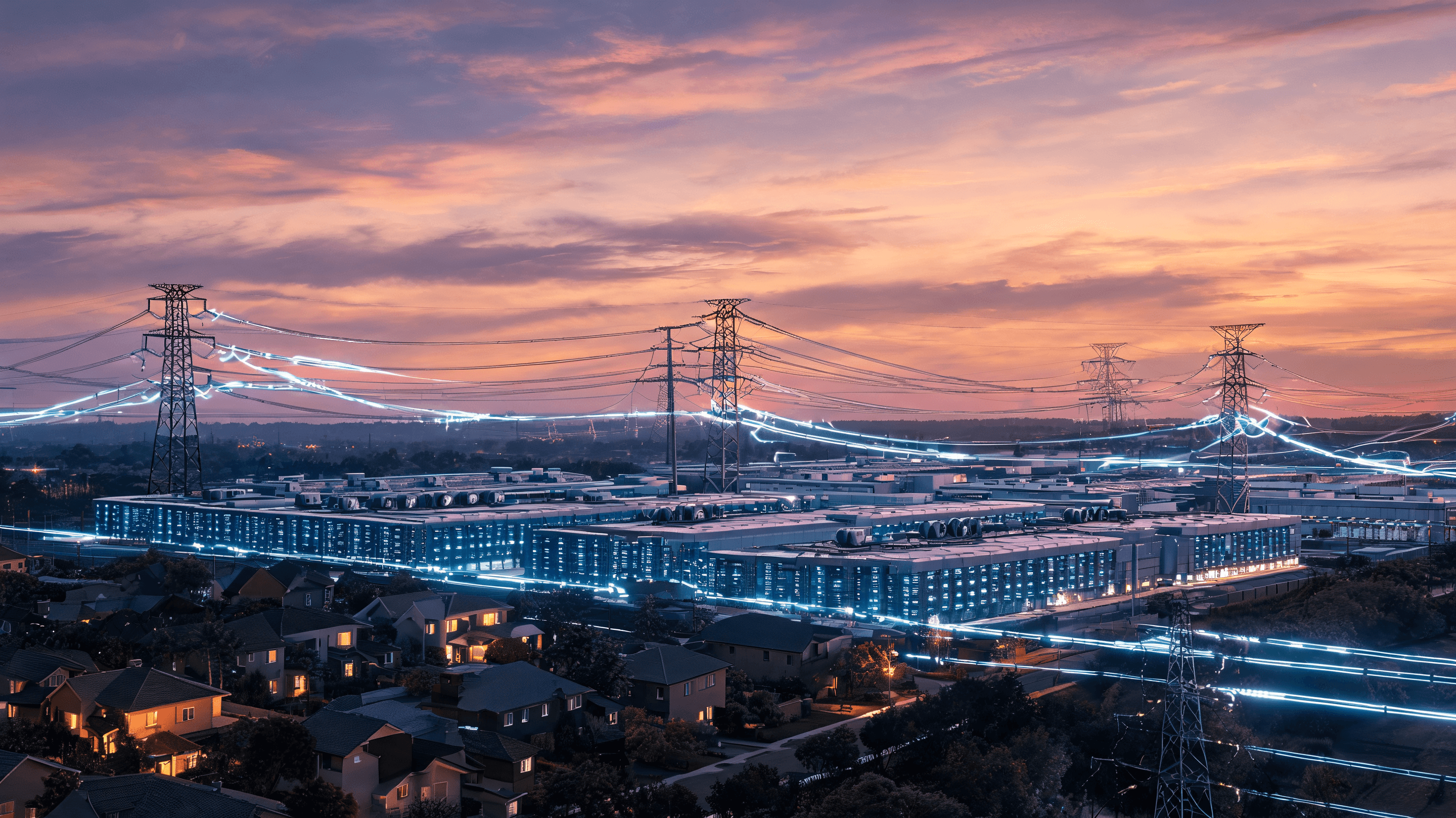 A sprawling data center facility located near residential areas and power pylons, with high-voltage