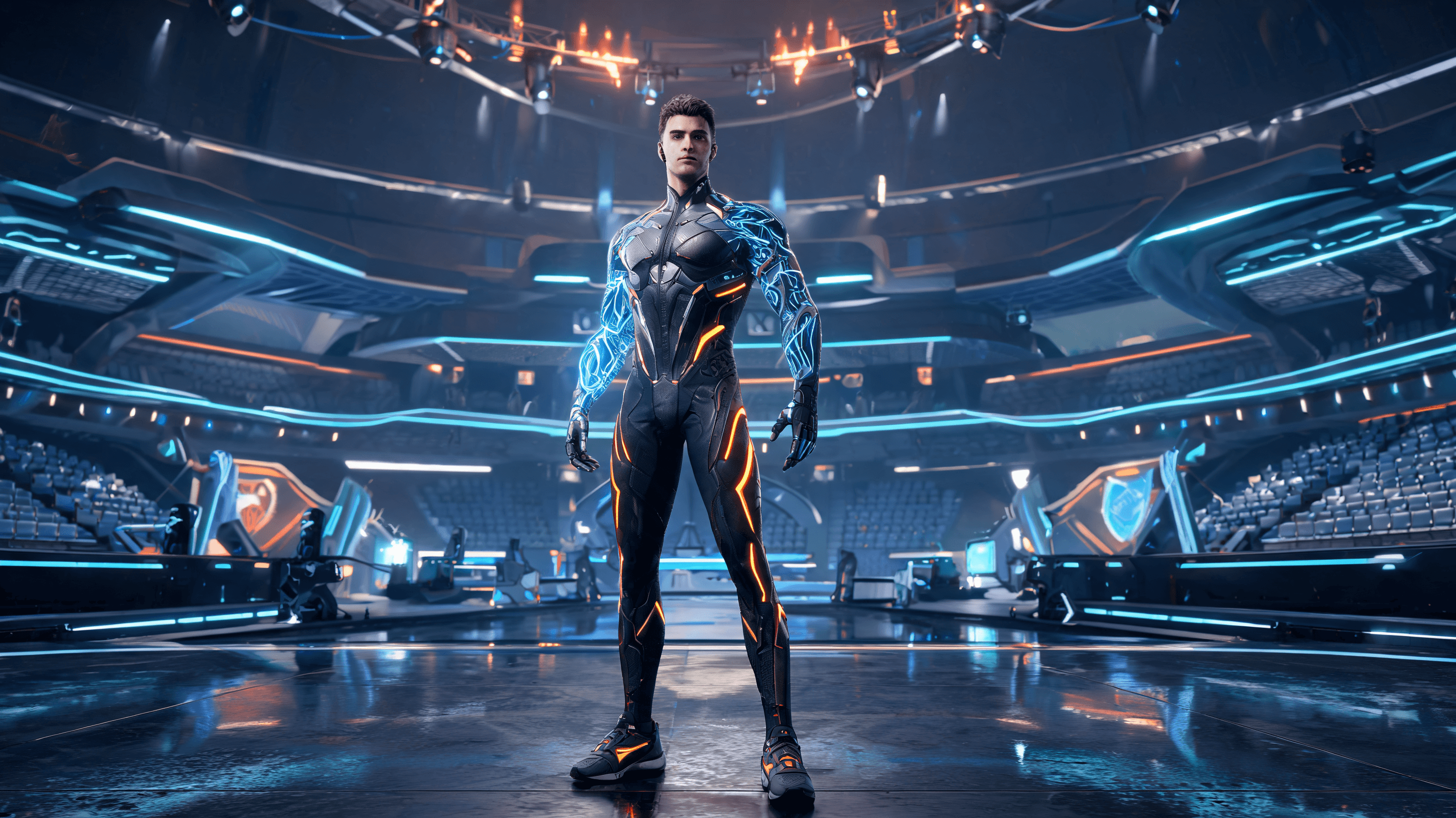 A futuristic athlete standing in a high-tech athletic arena, subtle blue and orange neon light accen