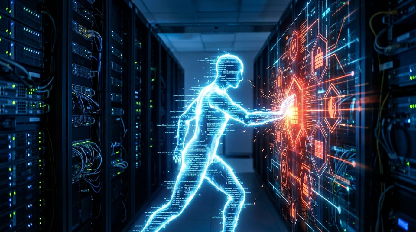 A cybersecurity conceptual image showing a futuristic, glowing AI agent silhouette attempting to bre