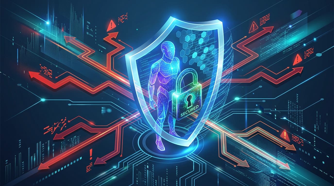 A cybersecurity visualization showing an AI agent entity with branching, potentially dangerous paths