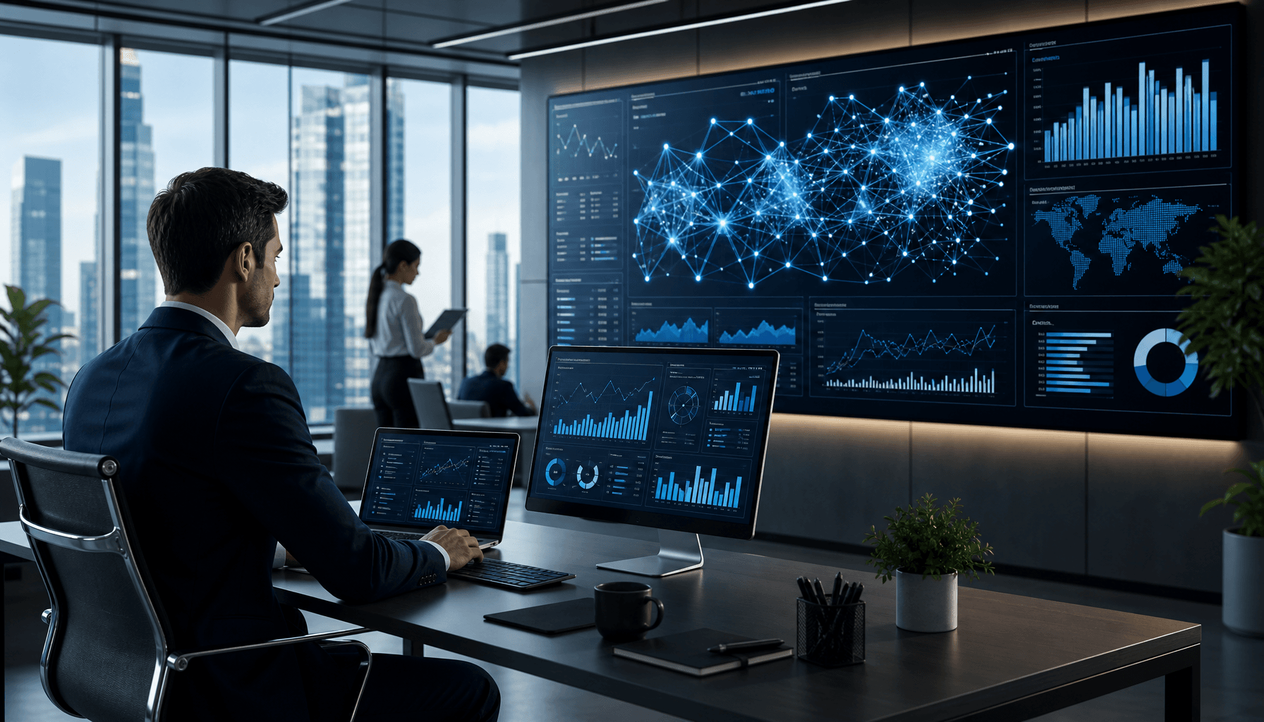A modern corporate office with AI-powered data dashboards on screens, showing financial charts and n