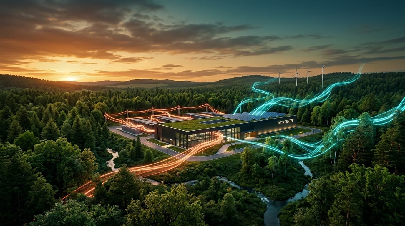 An atmospheric, dual-toned landscape showing a modern high-tech data center facility blending into a