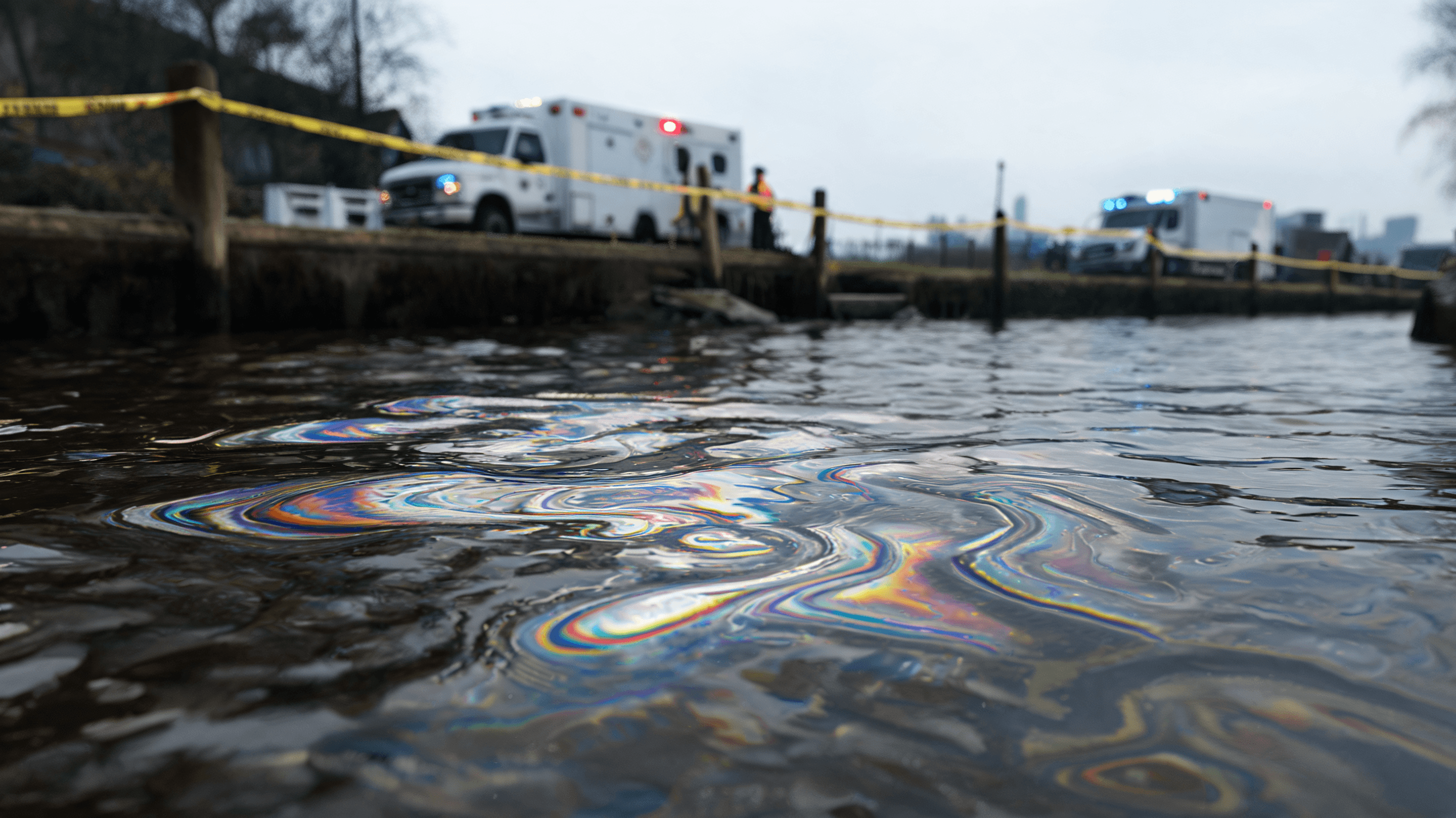 A close-up shot of polluted river water with oily swirls in the foreground, with blurred emergency r
