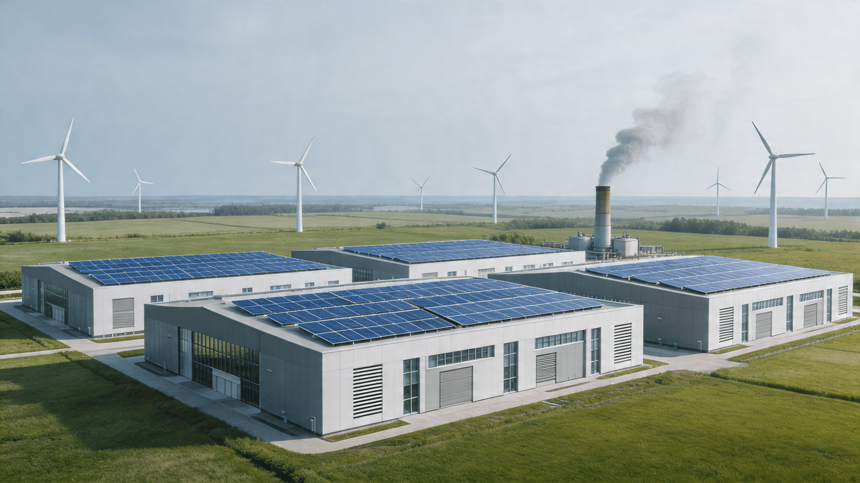 An industrial landscape featuring sleek data center buildings integrated with solar panels and wind