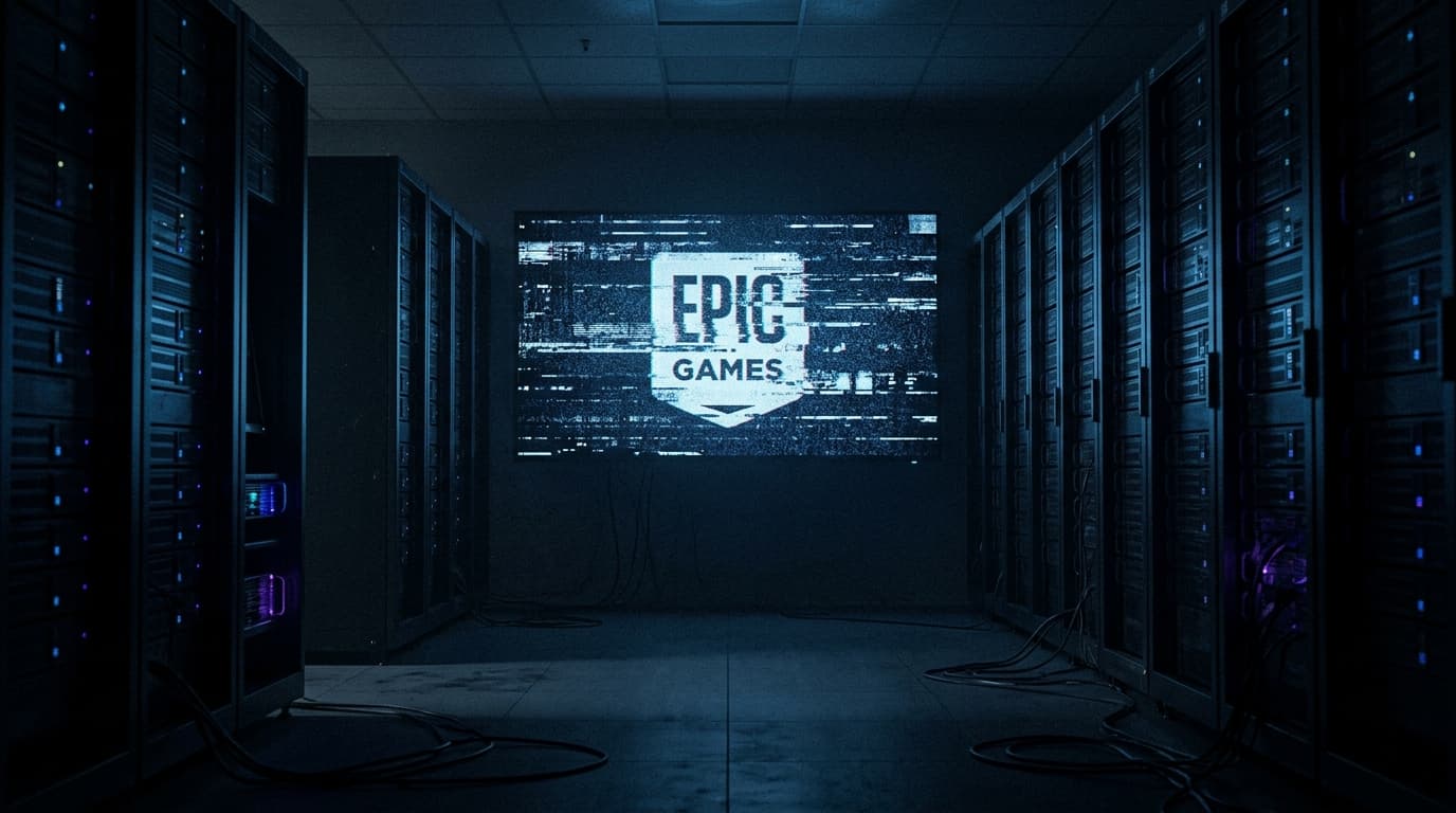 A desolate gaming server room with blue neon light fading, an Epic Games logo partially obscured by