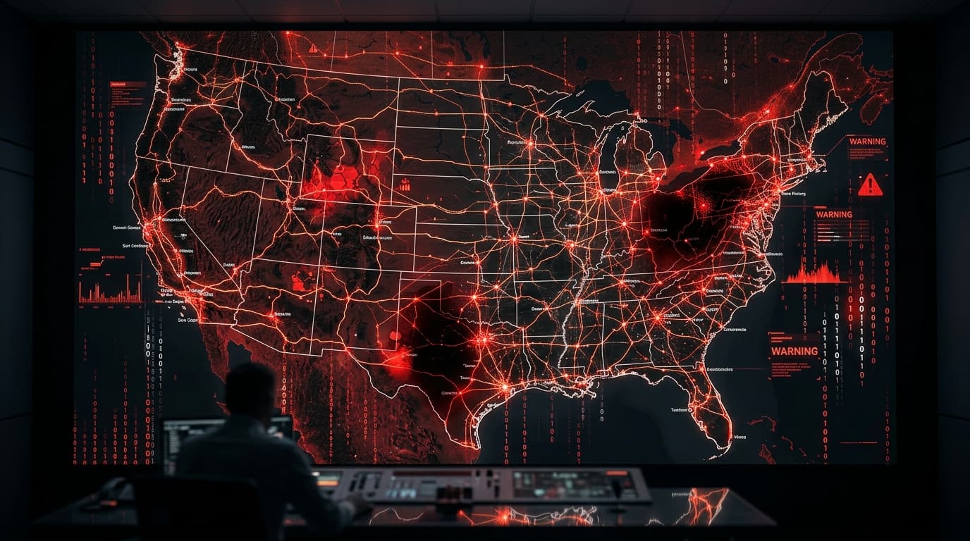 A map of US power grid infrastructure overlaid with digital warning signals and binary code, dark mo