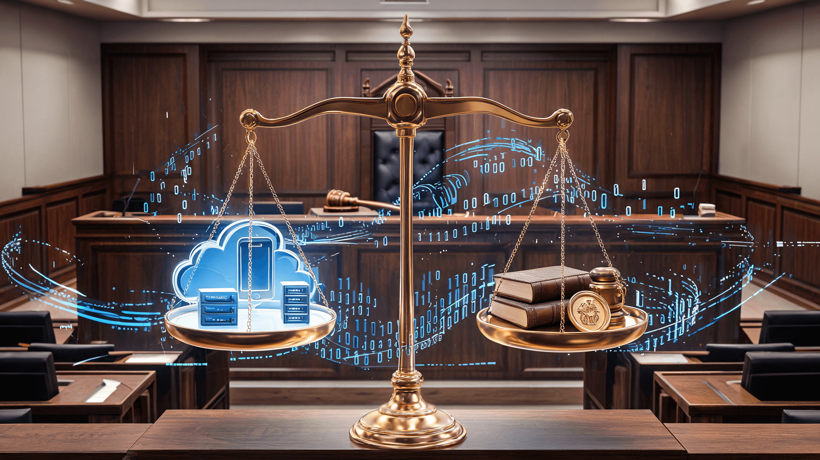 A dramatic court room setting featuring abstract representations of technology giants, scales of jus
