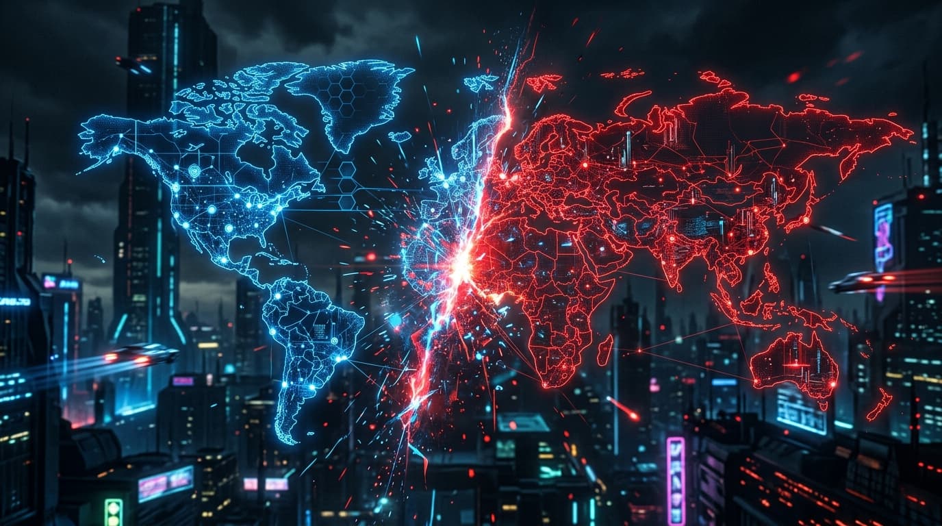 A cinematic depiction of digital borders separating two stylized maps of the world, glowing red and