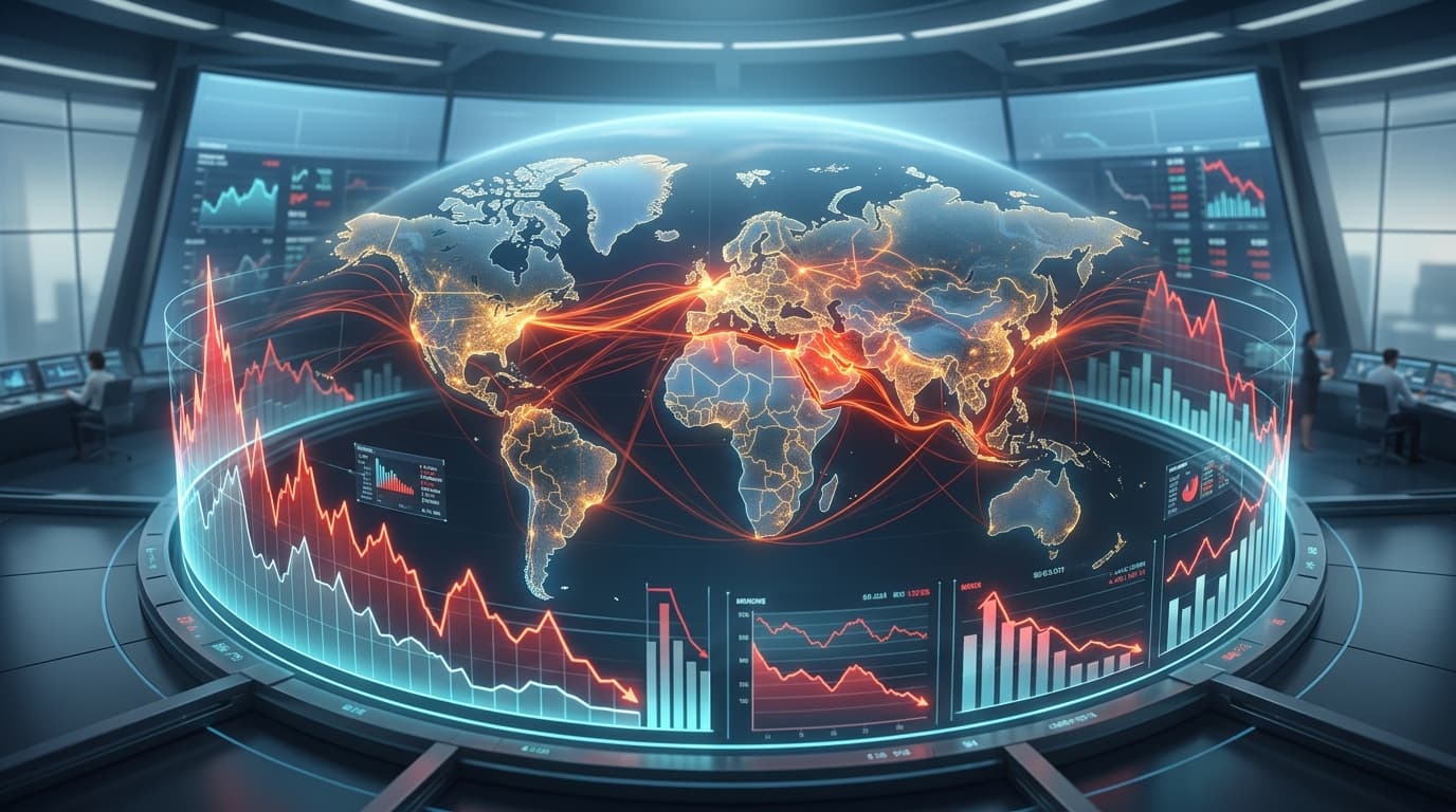 A digital illustration of a glowing map of the world with orange and red streaks indicating oil mark