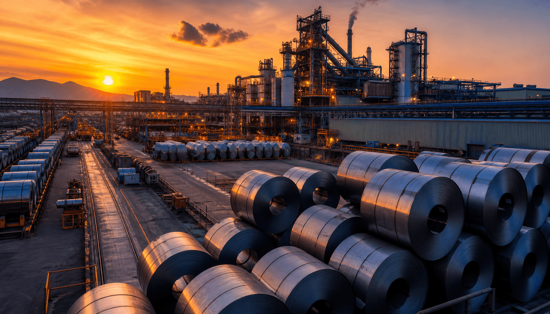A modern industrial steel mill with stacks of raw steel coils, sunset in the background, cinematic l