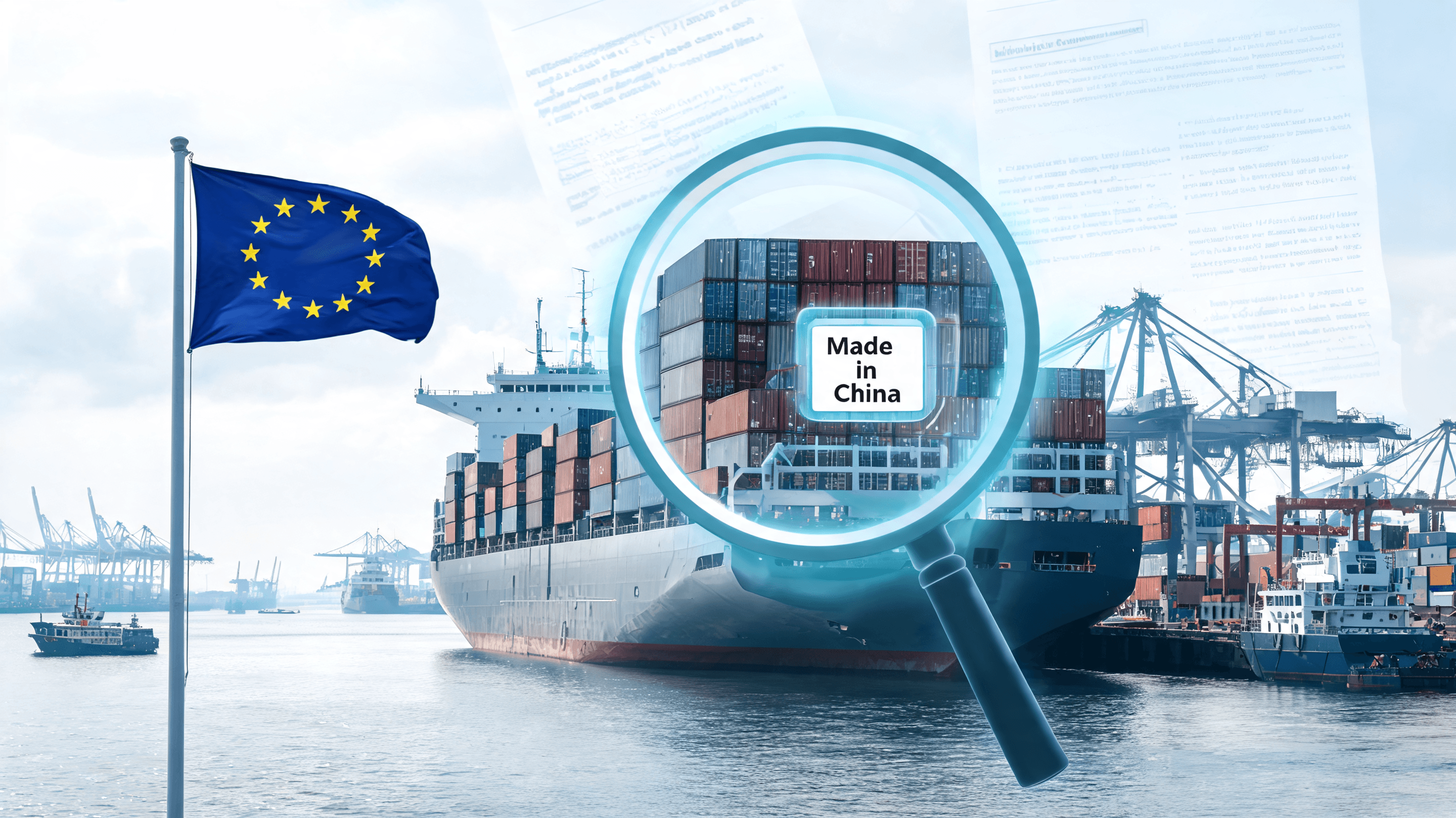 A photo of the European Union flag flying next to a stylized silhouette of a modern shipping contain