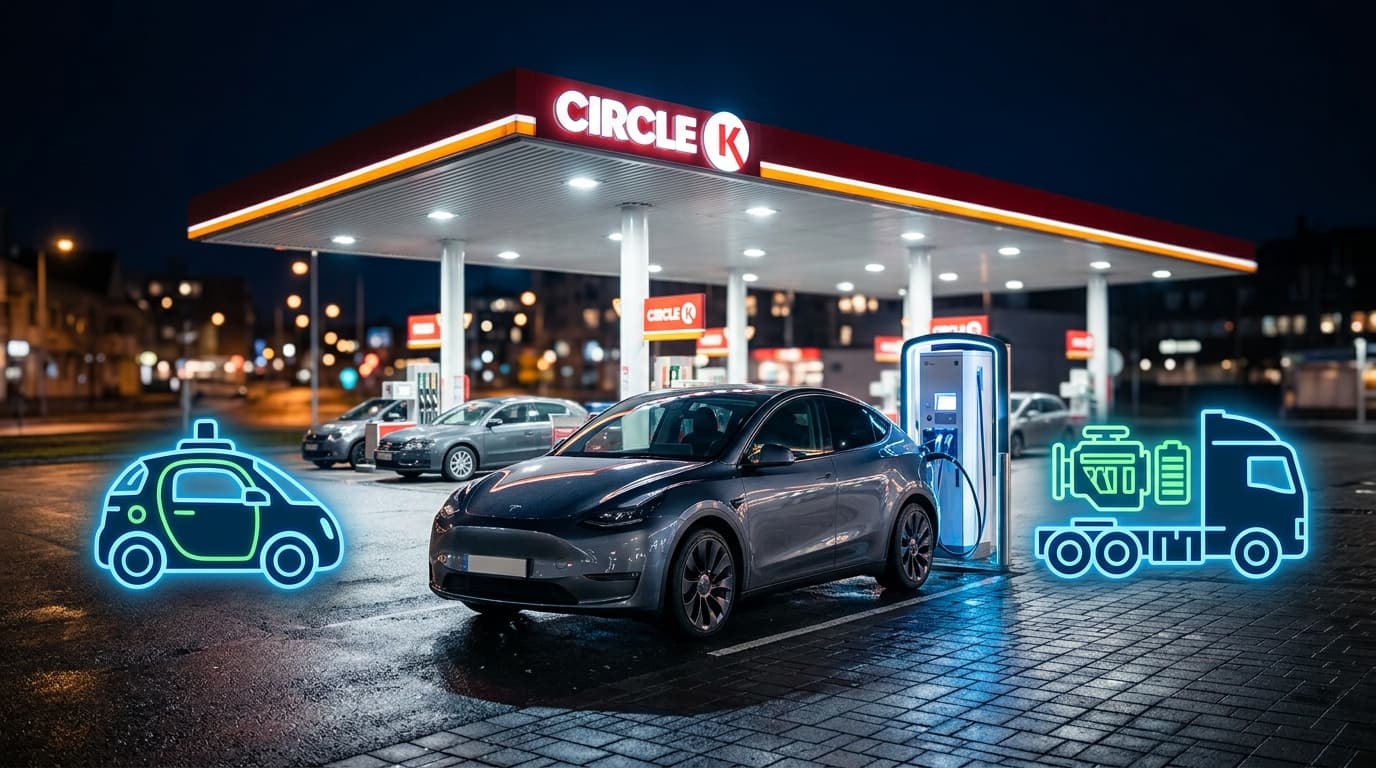 A modern electric vehicle charging at a clean, well-lit Circle K station at night, with stylized ico