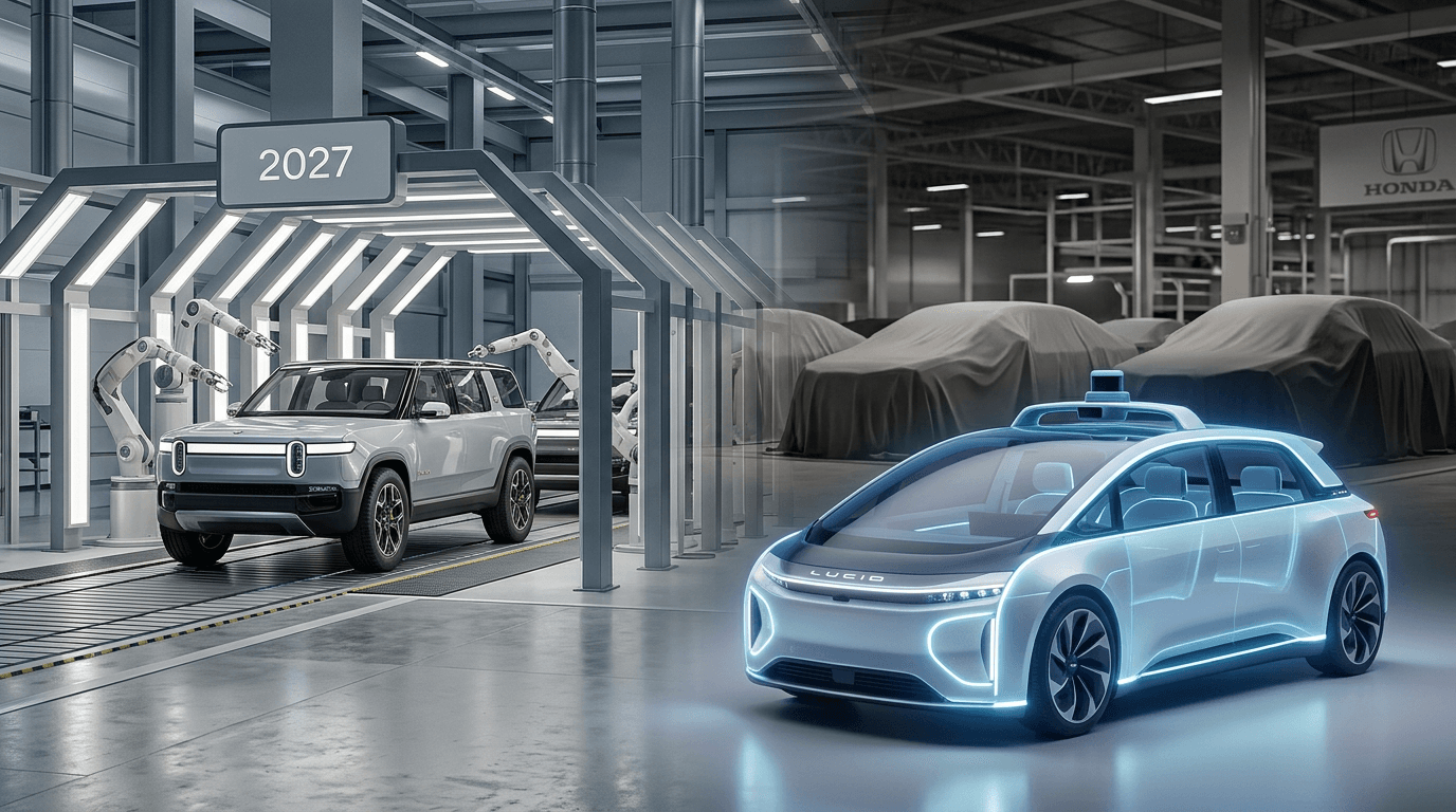 A split scene showing a futuristic Rivian R2 in a modern assembly line with a '2027' sign, and a Hon