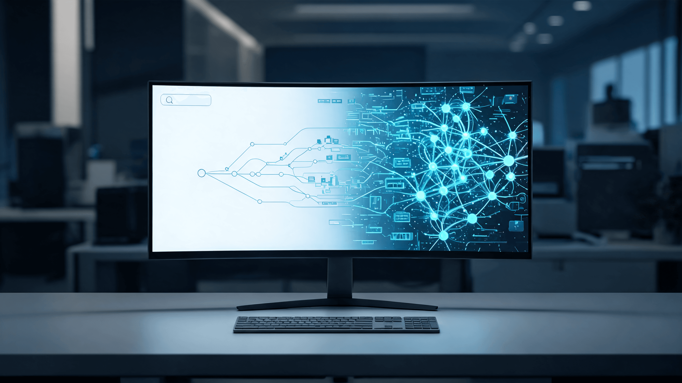 A futuristic digital workspace displaying neural nodes and data architecture charts. The focus is on