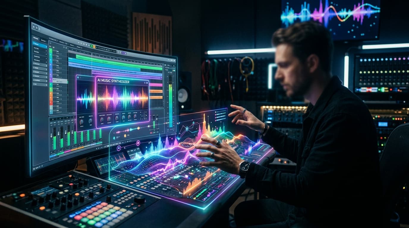 An artistic representation of a digital music studio with futuristic interfaces, an AI music synthes