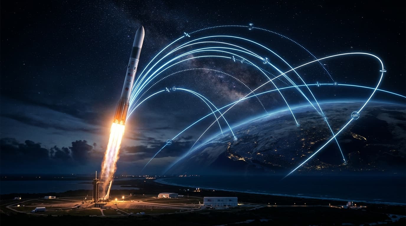 A tall, powerful rocket soaring into the night sky, with a digital overlay of satellite orbit trajec
