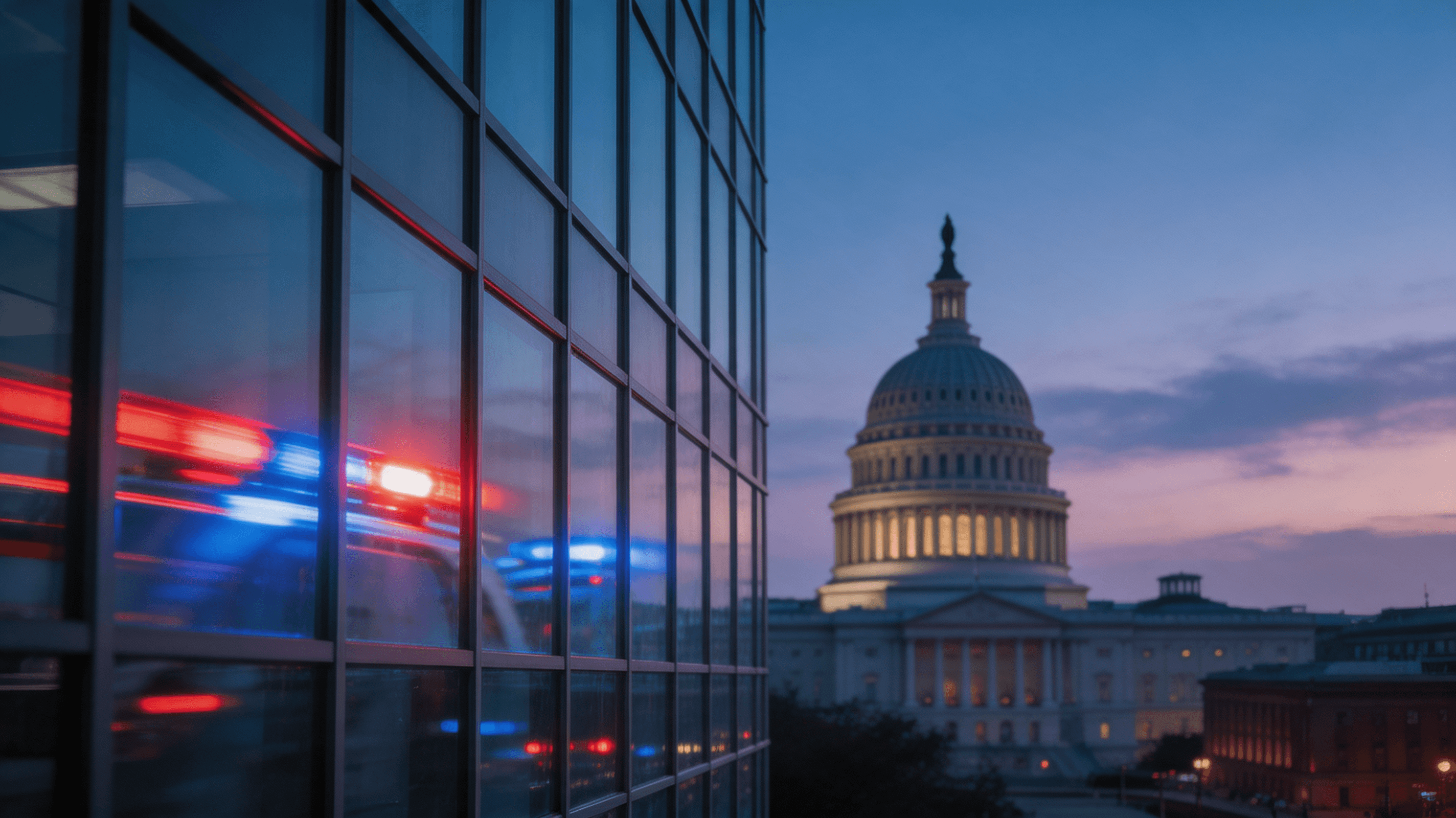 Cinematic shot of Washington DC at dusk, blurred blue and red emergency light reflections on glass,
