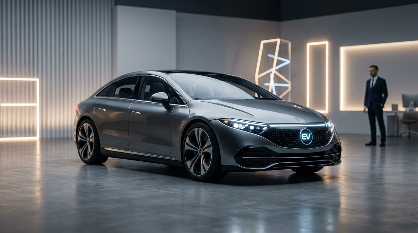 A modern, sleek electric vehicle prototype in a minimalist, professional studio lighting, representi
