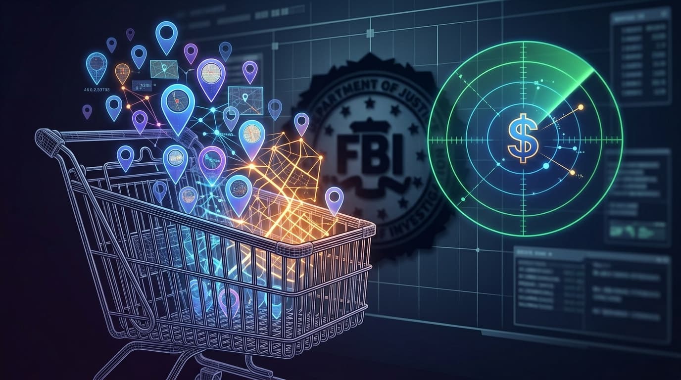 A conceptual image of a massive shopping cart filled with glowing digital location pins and GPS maps
