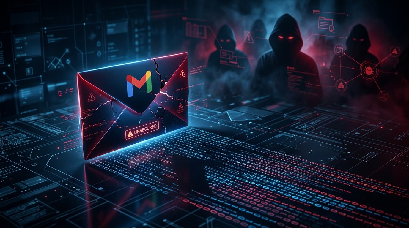 A digital representation of a compromised Gmail envelope with a binary-code shadow, faint silhouette