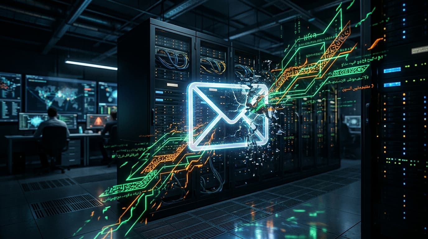 A conceptual, modern cybersecurity imagery featuring a digital email icon being breached by symbolic