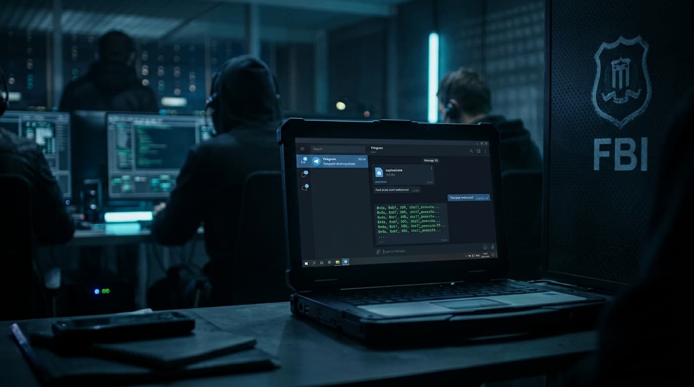 A digital screen showing a Telegram interface with malicious code or files being exchanged, dark atm
