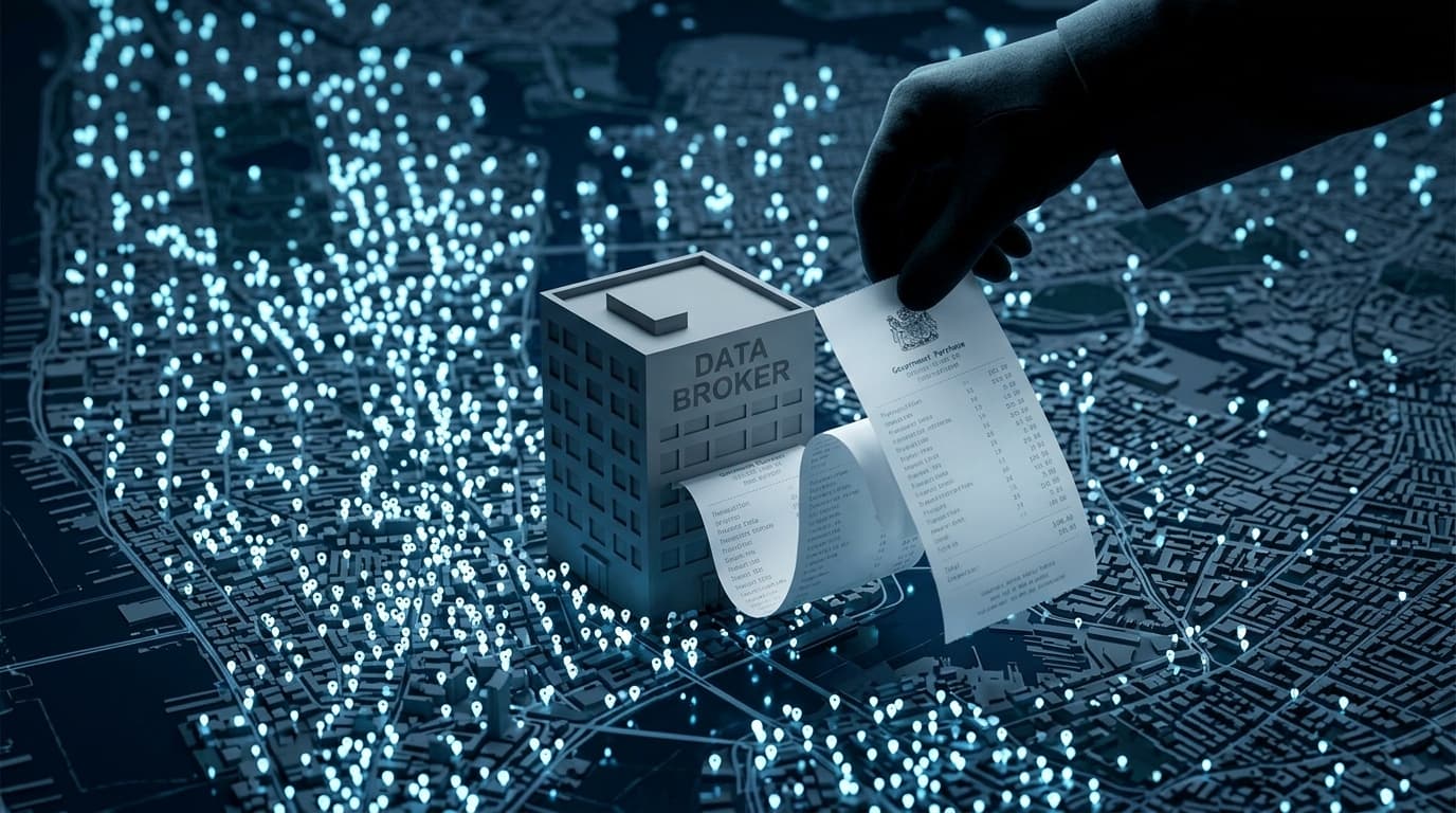 A conceptual image of a massive digital map of a city covered in thousands of glowing pinpoints, wit