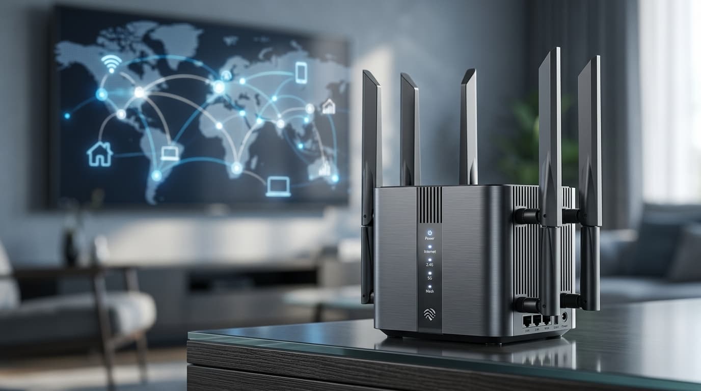 A close-up photograph of a modern home Wi-Fi router, with a sleek metal aesthetic, placed against a