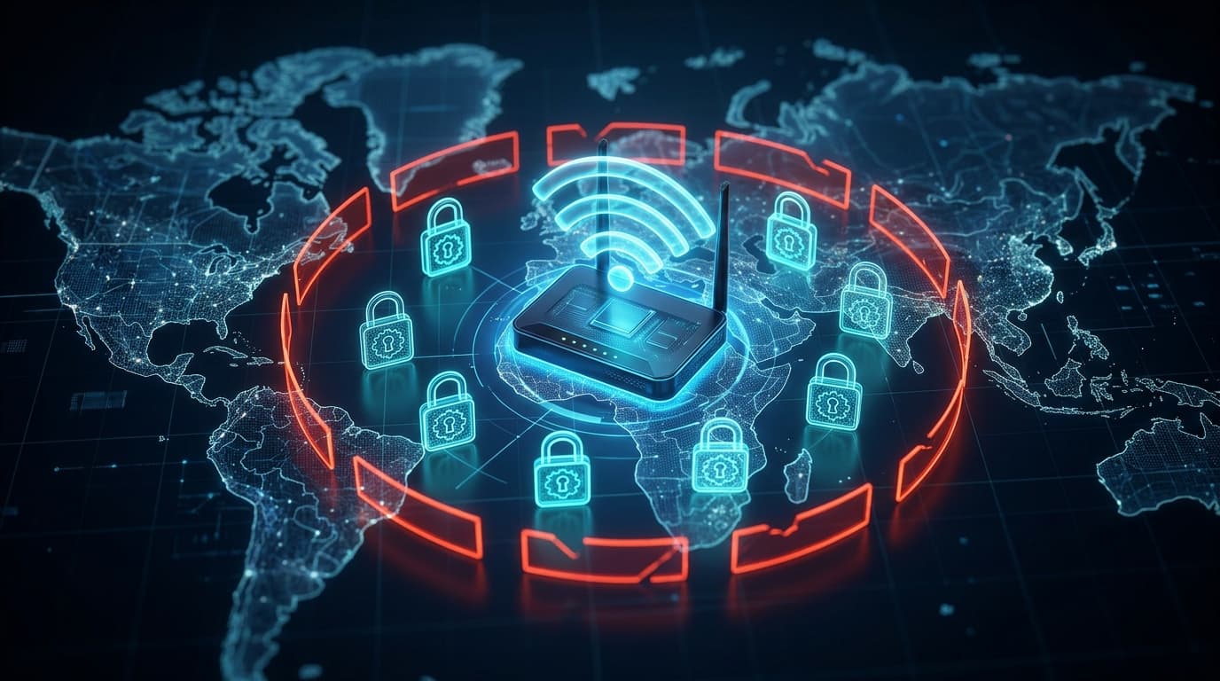 Stylized visual of a glowing Wi-Fi router on a map, surrounded by digital security locks and red bor