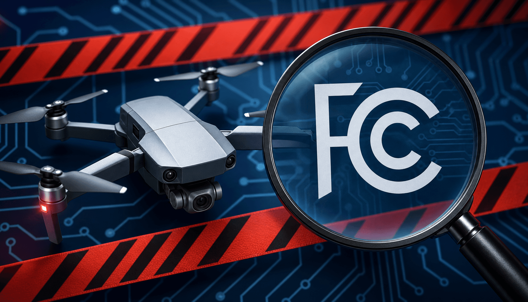 A digital illustration of a drone being examined under a magnifying glass with the FCC logo, set aga