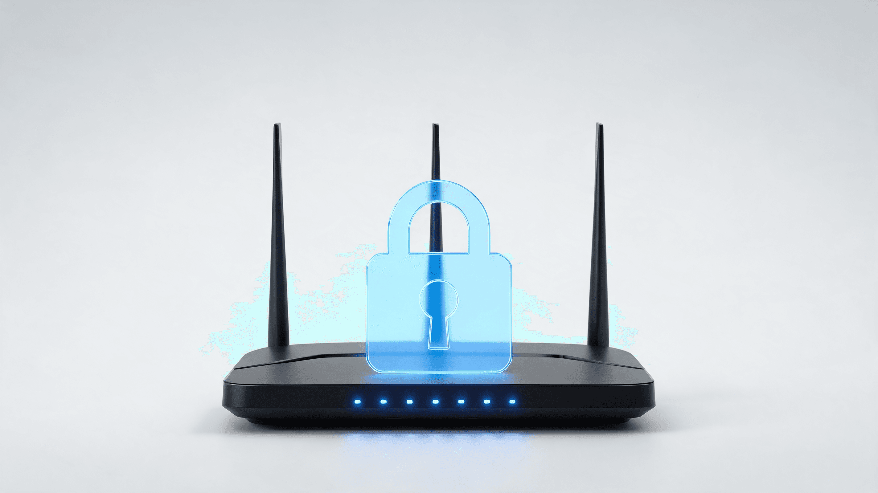 A close-up of a modern Wi-Fi router with a digital lock icon overlaid on it, representing security a