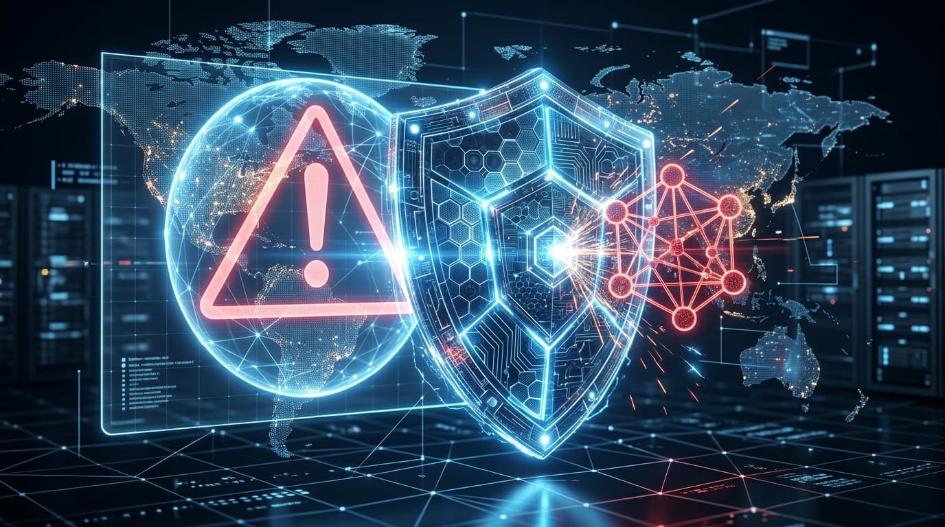 A high-tech conceptual art image of a digital shield blocking a network icon with a global warning s