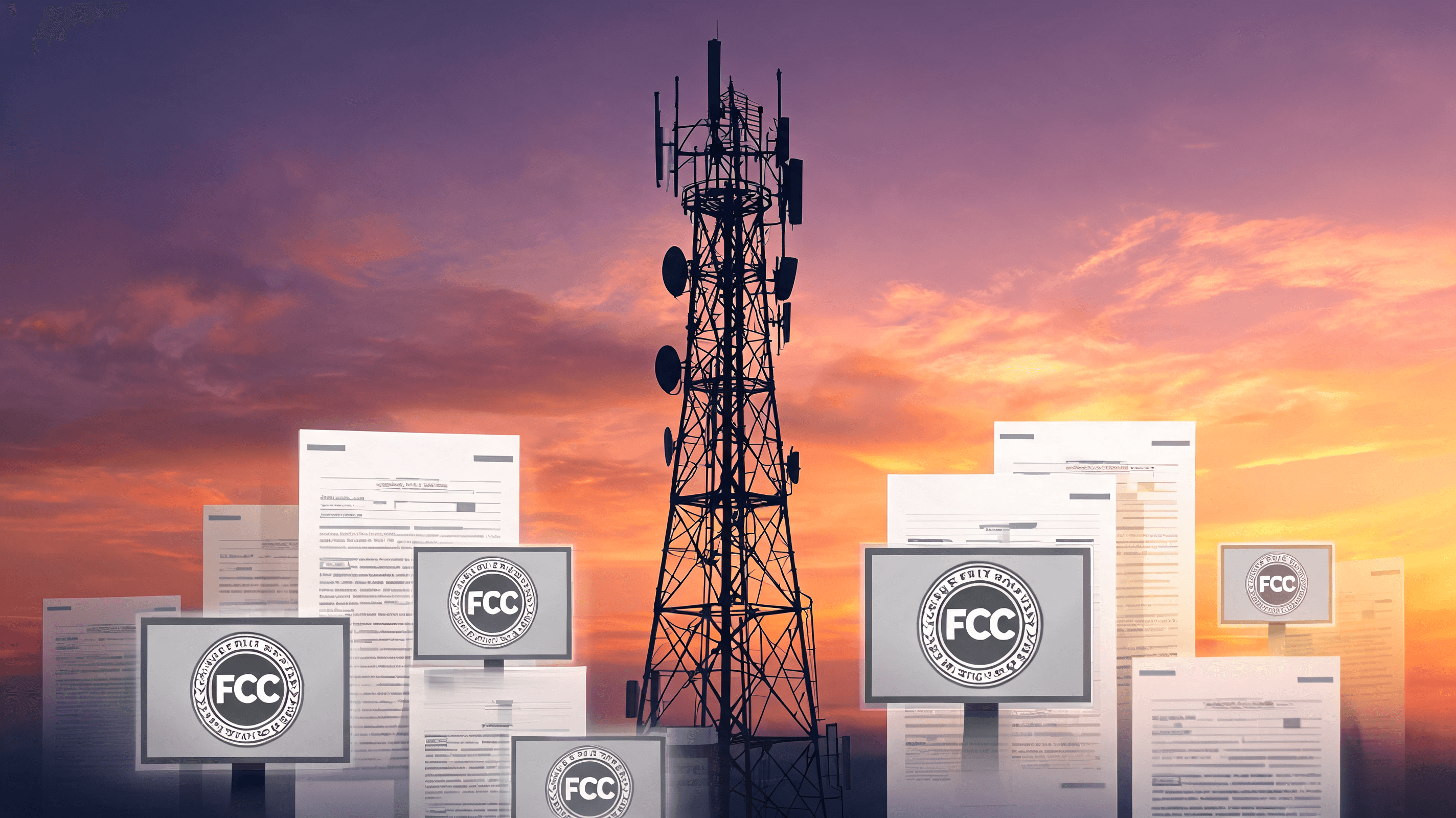 A close-up of a broadcast tower silhouette against a dramatic sunset, mixed with legal document file